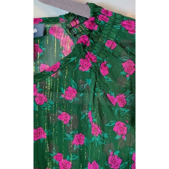 Modcloth Green Sheer Cottage Rose Floral Blouse Womens Size 2X Holiday Gold - Picture 4 of 7